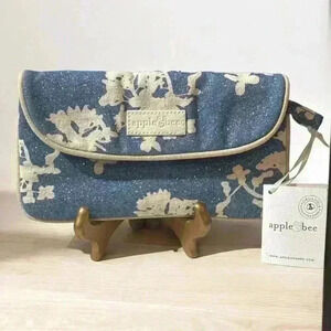 Apple & Bee Make Up Envelope Blue & White Shimmering Cotton &Burlap Snap Closure